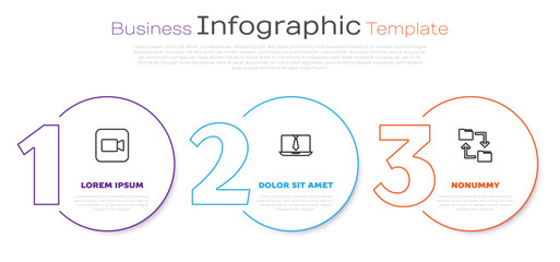 Set line Camera, Video chat conference and Cloud storage document folder. Business infographic template. Vector
