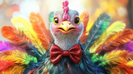 Naklejka premium A cheerful turkey cartoon with rainbow feathers and a festive bow tie, looking playful and fun, on white