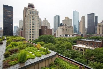 Fototapeta premium A cityscape featuring a green rooftop garden filled