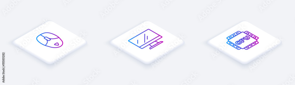 Poster set isometric line computer mouse, monitor screen and processor with cpu. white square button. vecto