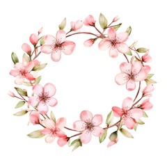 Watercolor peach blossom wreath creating delicate floral frame for vietnamese new year