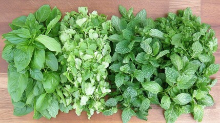 Obraz premium Fresh Green Herbs on Wooden Background