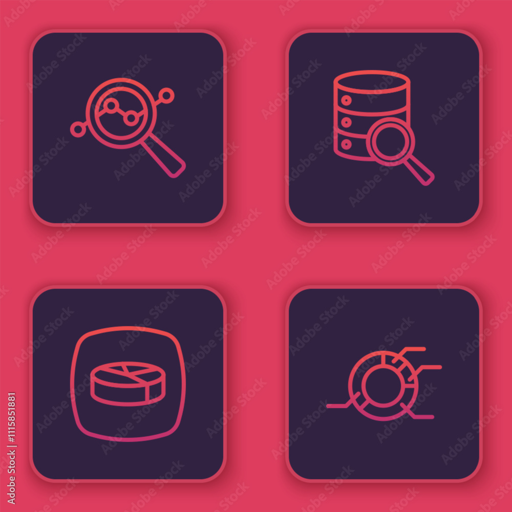 Poster set line search data analysis, pie chart infographic, server and . blue square button. vector