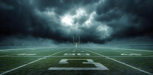 American football field in a dark stormy sky. 3d rendering.