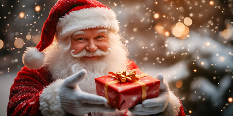 Happy Santa Claus in his Super Hero costume standing on the red background. Christmas and New Year concept.