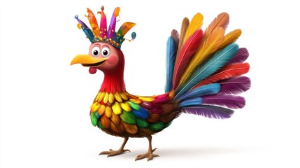 Obraz premium A playful turkey cartoon character with rainbow feathers and a festive party look, perfect for Thanksgiving, on white