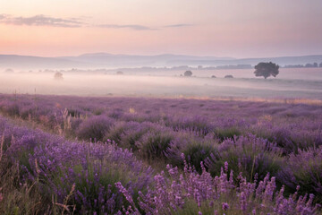 A dreamy, misty lavender field stretching to the horizon