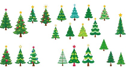 Fototapeta premium collection of illustrated Christmas trees, each uniquely decorated for the holiday season. The trees vary in design, showcasing different styles of ornaments, colors, and star toppings.