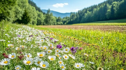Obraz premium Vibrant wildflower meadow in serene mountain valley landscape