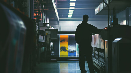 Fototapeta premium worker supervises automated printing in large industrial setting, showcasing vibrant colors and advanced technology. atmosphere is focused and professional