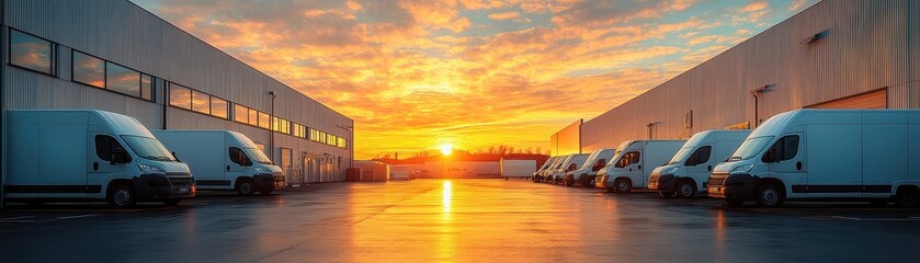 Fototapeta premium Fleet of Delivery Vans Parked at a Warehouse During a Vibrant Sunset with Dramatic Sky and Reflections on Wet Pavement