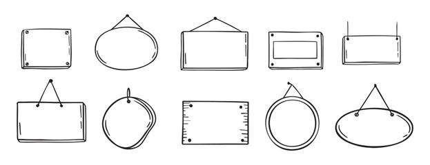 Empty door tag doodle hand drawn icon set. Shop door badge hanging label. Outline drawing empty door tag template line clipart symbol