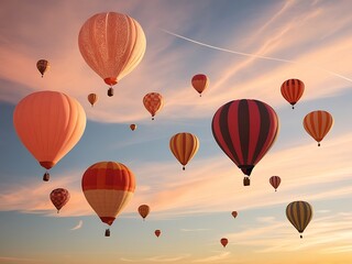 Obraz premium Colorful Hot Air Balloons Soar In A Sunset Sky