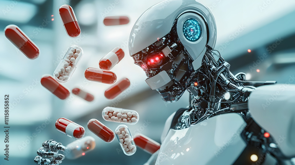 Poster a robot is interacting with floating medical capsules, signifying the intersection of technology and