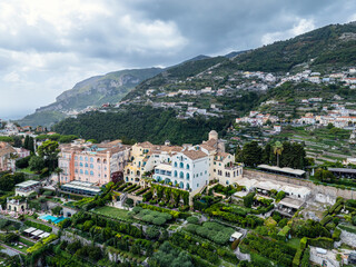 Ravello from a drone, Amalfi Coast, Tyrrhenian Sea, Salerno, Campania, Italy