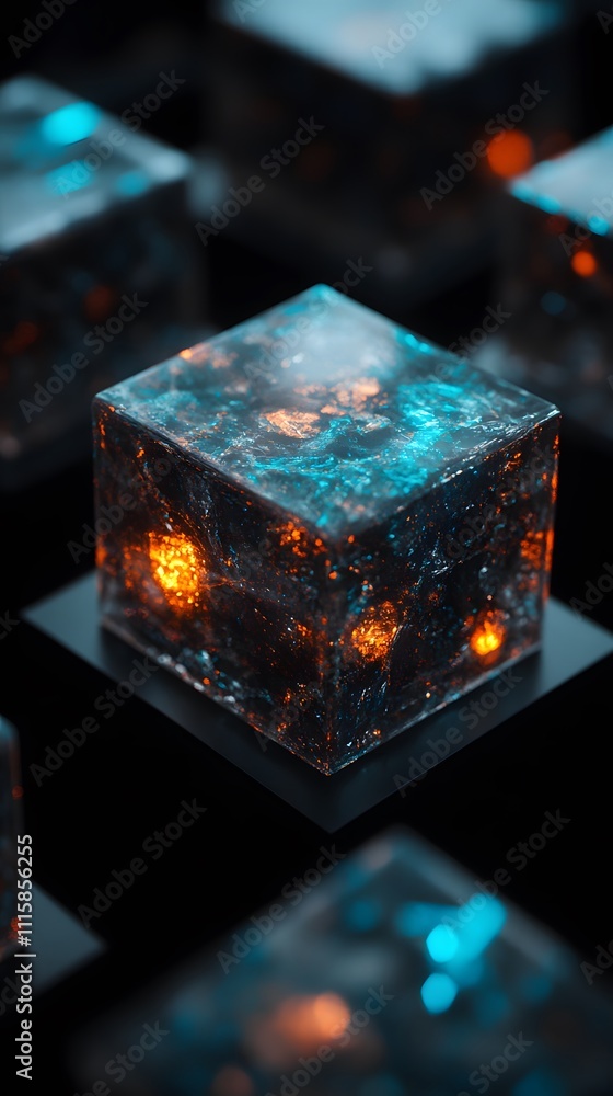 Canvas Prints glowing translucent cubes on dark surface.