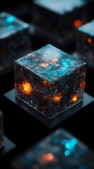 Glowing translucent cubes on dark surface.