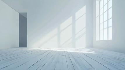 Obraz premium Minimalist white interior room with clean empty walls, sharp corner, and white wooden floor in a contemporary style, soft natural lighting.