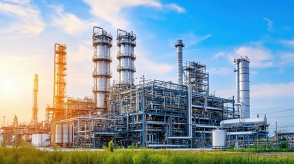Obraz premium Towering Industrial Refinery Under a Bright Sky