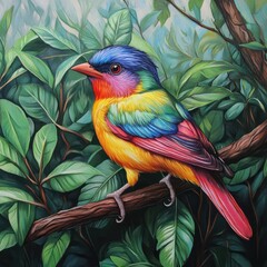 Fototapeta premium Colorful bird perched on a branch tropical forest wildlife photography lush greenery close-up view nature's beauty