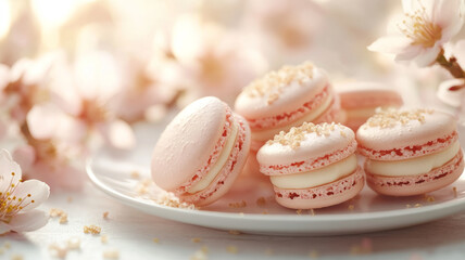 Pink macarons with blossoms on a light background