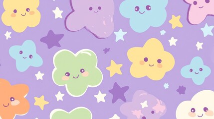 A playful pattern featuring cute, colorful stars and cloud-like shapes with smiling faces.