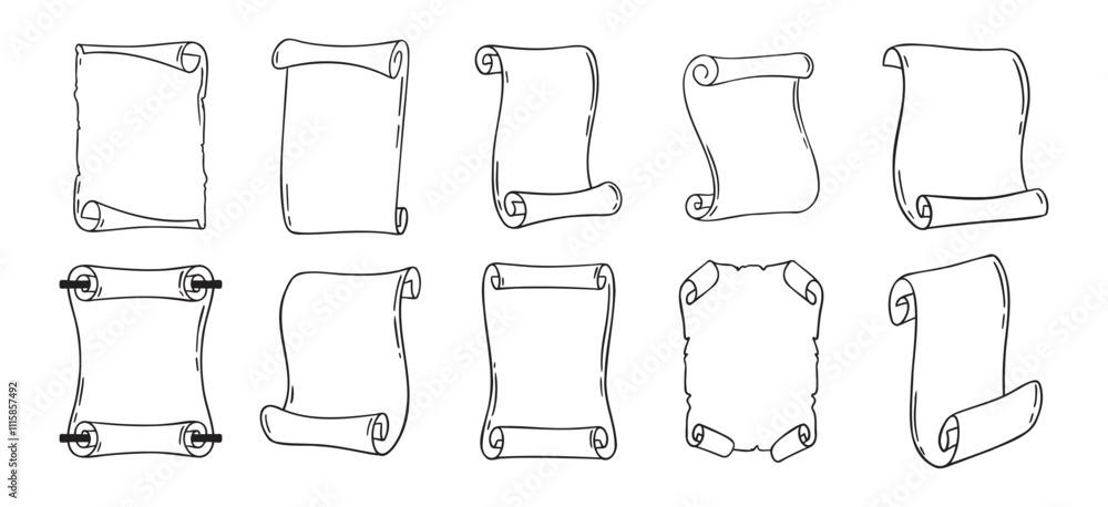 Poster ancient empty scroll doodle hand drawn, ancient medieval paper outline icon set. outline vector pape