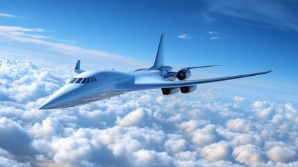 Fototapeta premium A sleek, futuristic aircraft soaring above fluffy clouds in a bright blue sky.