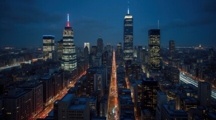 Obraz premium Nighttime Cityscape with Glowing Skyscrapers and Busy Streets