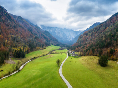Amazing autumn view of the picturesque Logar Valley (Logarska Dolina) and Solcava panoramatic road, Slovenia