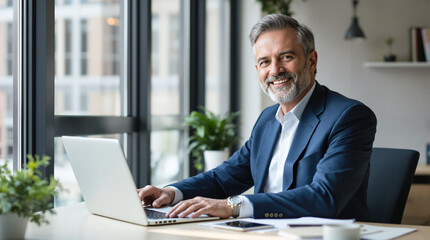 Fototapeta premium Photo portrait of a smiling businessman working on laptop in a blue suit and white shirt, about 45 years old, sitting at his desk in the office by the window, posing for a photo