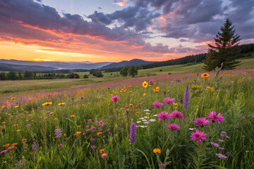 A scenic view of a field of wildflowers, with soft lighting