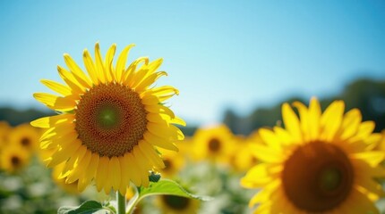Fototapeta premium Sunlit Sunflower Field Under a Blue Sky