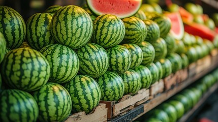 Piles of watermelons and yellow melons on farmer's market stall, fresh fruits display, vibrant local produce, healthy eating, ripe seasonal harvest, outdoor market scene.