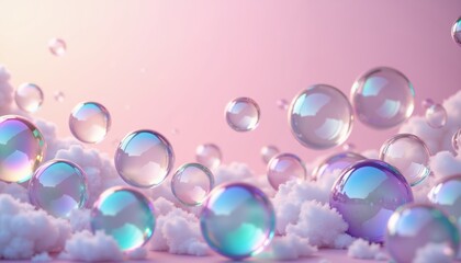Colorful bubbles floating above fluffy clouds on a soft background