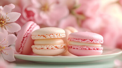 Obraz premium Macarons with pink flowers in soft lighting.