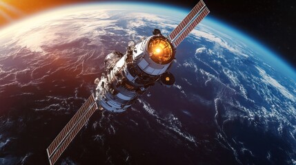 Obraz premium Spacecraft orbiting Earth during sunrise.