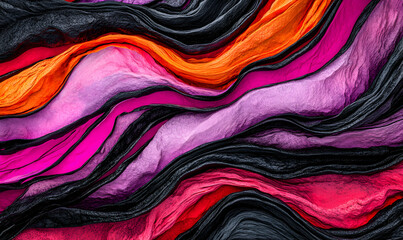 Obraz premium Abstract image of vibrant, swirling layers of textured paper in shades of pink, purple, orange, and black, creating a dynamic and artistic composition.