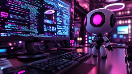 Futuristic robot sits at a computer desk with coding displayed on the screen.