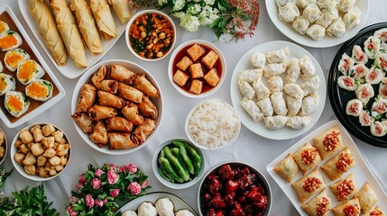 Fototapeta premium Delicious Asian Cuisine Buffet Spring Rolls Dumplings Rice More