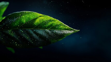 Close-up of a Sparkling Green Leaf in the Night