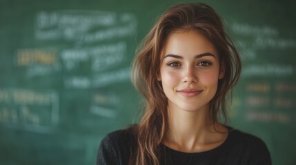 Young female teacher standing confidently in classroom with green chalkboard background, professional woman, modern learning environment, inspiring teacher, education career success.