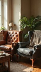 Obraz premium Cozy living room with vintage armchairs and indoor plants
