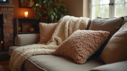 Fototapeta premium Cozy Living Room with Plush Sofa and Blanket
