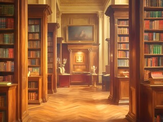 Knowledge Exchange Between Professors in Ivy League University Library with Traditional Oil Painting Aesthetics
