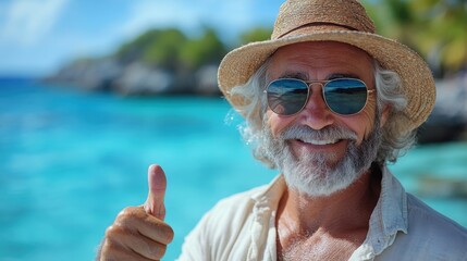 Elderly man with sunglasses at tropical beach, happy expression, white beard, thumbs up, sunny day, ocean view, vacation vibes, relaxed atmosphere, joyful mood.