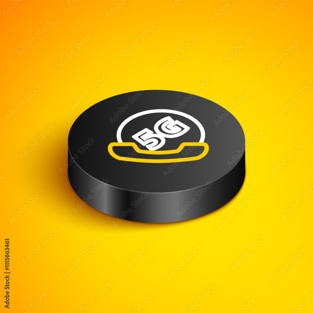 Poster isometric line phone with 5g new wireless internet wifi icon isolated on yellow background. global n