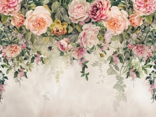 Fototapeta premium Lush pink and peach roses cascading down a textured beige background.