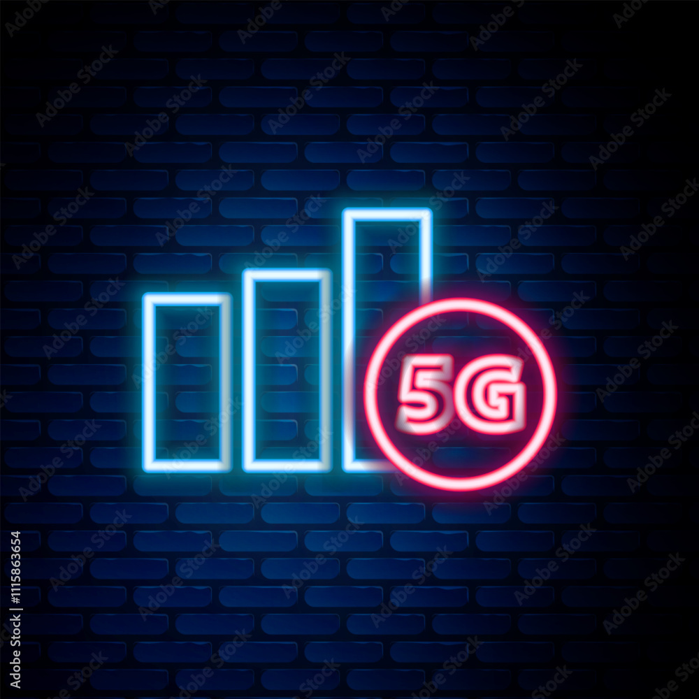 Poster glowing neon line 5g new wireless internet wifi connection icon isolated on brick wall background. g