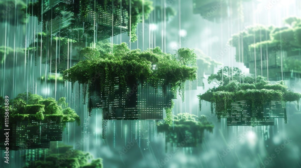 Poster digital landscape showing a series of interconnected, floating islands, each island representing a b